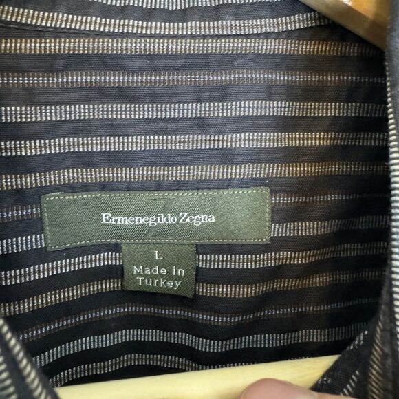 Ermenegildo Zegna Shirt Mens L Black Striped Long Sleeve Button Up Cotton - Picture 6 of 7
